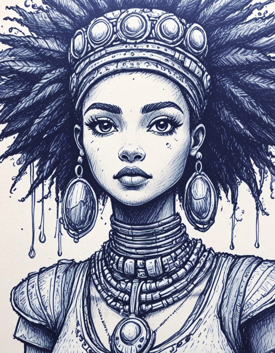 african hydropunk princess novuschroma42 style ballpoint pen drawing on Tensor.Art