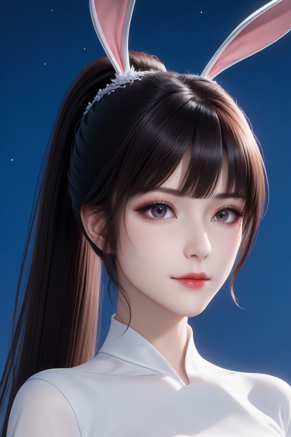 <lora:xiaowu_sl_v6-000024:0.7>,xiaowu_sl,1girl,solo,animal ears,rabbit ears,long hair,(white_skin:1.2),brown hair,black hair,closed mouth,medium breasts,shiny,pale skin,lips,lipstick,big eyes,eyelashes,long eyelashes,makeup,eyeshadow,high ponytail,nail polish,masterpiece,high quality,highres,absurdres,best quality,8K,high-res detailed,cheongsam,blue cheongsam,(loose clothes:1.4),skirt,chiffon_skirt,shorts_under_skirt,puffy_shorts,looking at viewer,standing,dynamic pose,seductive smile,night sky,[moon],star \(sky\),chinese style architecture,lantern,<lora:sh-glossy_r2:0.7>,pantyhose,thighband_pantyhose,shiny legwear,high heels,louboutin heels,black heels,red bottom heels,footwear,<lora:Louboutin_Heels__PONY:0.5>,<lora:HandFixer_pdxl_Incrs_v1:0.5>,handfixer,<lora:DetailedEyes_V3:0.5>,