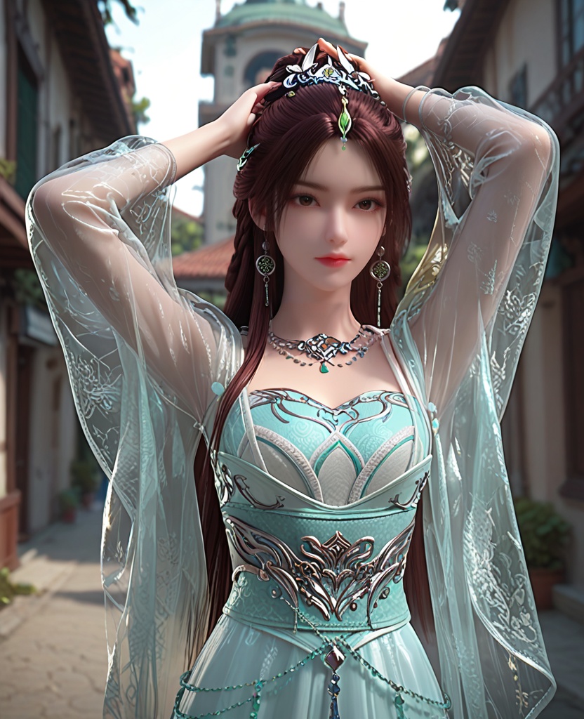 (oriental architecture, elegant decor, sophisticated style:1.1),arms above head,(breasts:1.2),<lora:XL完美世界叶倾仙:0.9>,miss yeqingxian,solo,see-through vest,green  corset,sash,see-through sleeves,see-through outerskirt with white petticoat underneath,brown eyes,brown hair,long hair,hair ornament,half updo,hanging hair,necklace,earrings,jewelry,, zPDXL2, score_9, score_8_up, score_7_up BREAK realistic, masterpiece,best quality, highly detailed,, zPDXL3, zPDXL2,zPDXL, zPDXLxxx, zPDXLrl,