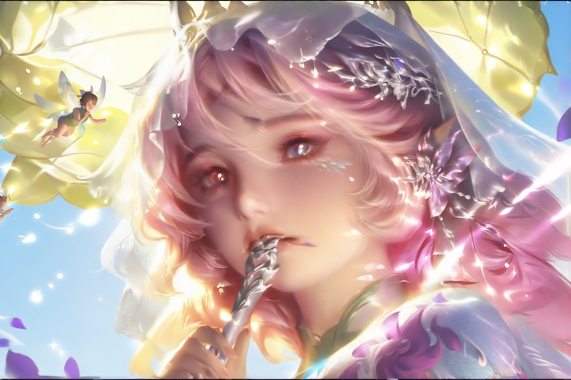 Morning light,soft focus,portrait detail,close-up shot,3D rendering,extreme details,fairy,long hair with gradient from pink to silver,flawless skin,heterochromatic pupils,focusing on eye details,white veil completely covering mouth and nose. The image style is Chinese-style anime,high saturation pink glow effect,dynamic lighting,dynamic composition of the character,petals blown by the wind,lips slightly open,lens direction from 30 degrees below to above,holding an umbrella. Ratio 9:16,