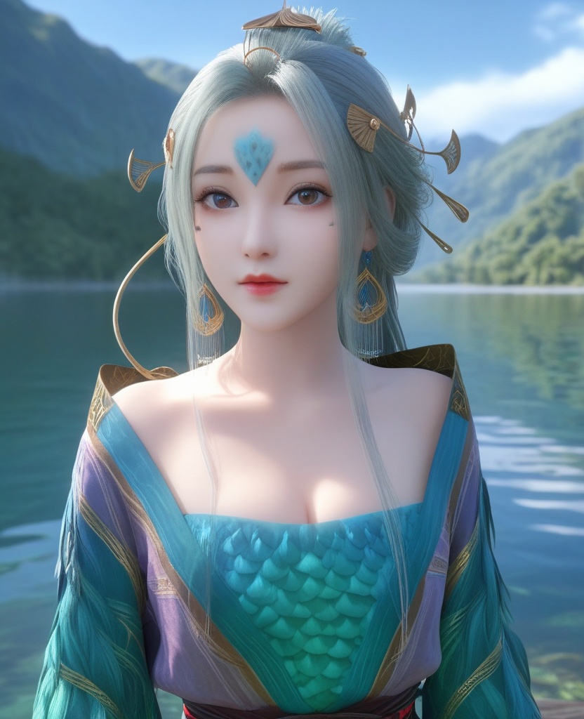 <lora:571-DA-XL-眷思量-奉眠:0.8>(,1girl, ,best quality, ),looking at viewer,  ,ultra detailed 8k cg, ultra detailed background,  ,masterpiece, (( , )) , lake,upper body,   (cleavage), (),