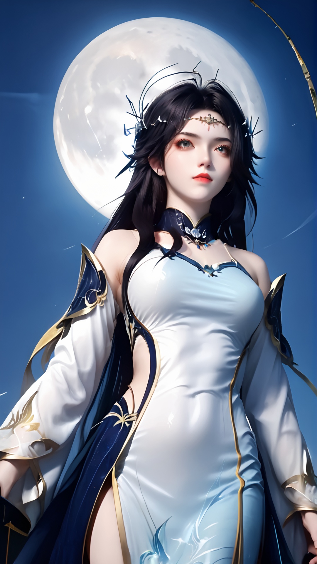 The image is a digital illustration of a young woman with long dark hair and a crown of thorns on her head. She is wearing a white and blue outfit with gold accents. The outfit has a high neckline and long sleeves,and she is holding a sword in her right hand. The woman is standing in front of a full moon,with a blue sky and clouds in the background. She has a serious expression on her face and is looking directly at the camera. The overall mood of the image is mystical and powerful.,<lora:pony玄衣-000004:0.8>,