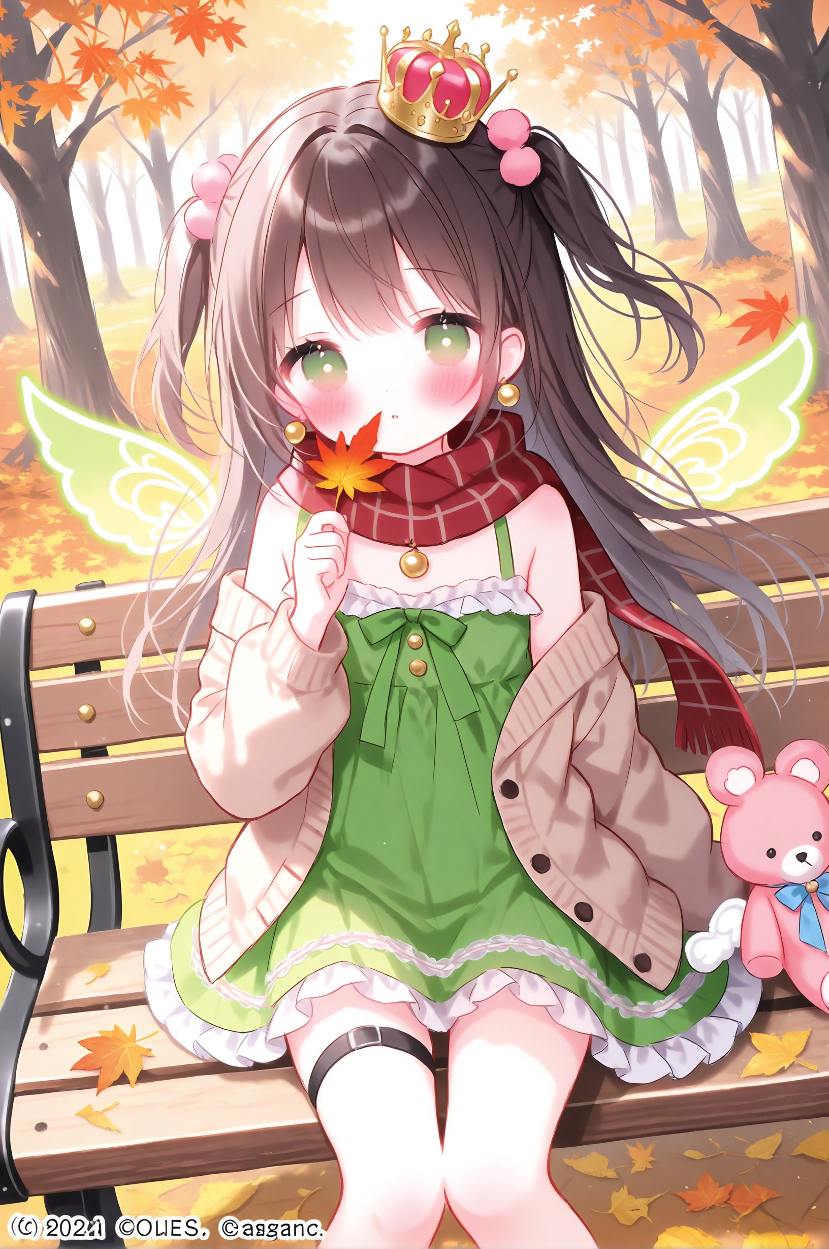 stuffed animal, stuffed toy, teddy bear, 1girl, autumn leaves, crown, solo, brown hair, autumn, mini crown, green eyes, tree, bench, outdoors, leaf, holding stuffed toy, looking at viewer, long hair, holding, dress, jewelry, blush, wings, green dress, earrings, maple leaf, parted lips, two side up, necklace, hair ornament, park bench, collarbone, falling leaves, tilted headwear, thigh strap, day, standing, dutch angle, sunlight, watermark, hugging object, open clothes, bracelet, closed mouth, cardigan, fringe trim, plaid scarf, nature, jacket, hand up, plaid, open cardigan, forest, red scarf, frills, off shoulder, open jacket, bare shoulders, on bench, scarf, dappled sunlight, crystal, twintails, flower, frilled dress, food, holding leaf, park, swept bangs, floating hair, stuffed rabbit, feet out of frame, sweater, thighlet, copyright notice, long sleeves, glowing, fruit, sitting on bench, green wings, mini wings, bare tree, glowing wings, brown cardigan, very long hair, fairy wings,<lora:lp31.25:0.8>,