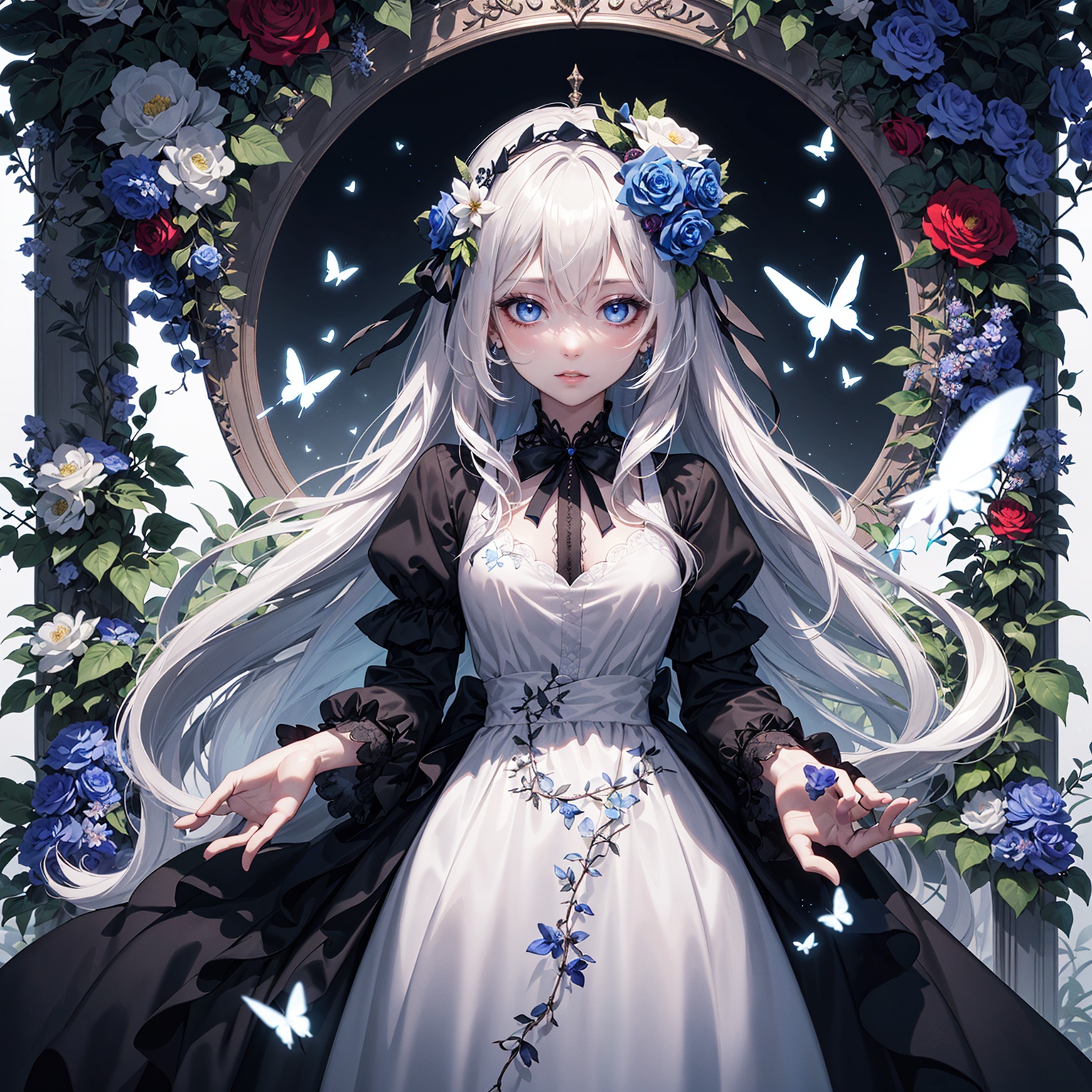 night,glowing eyes,gothic,long dress,1 girl,solo,long white hair,blue eyes,detailed eyes,blink and youll miss it detail,butterfly,flower garden,high quality,floral background,very detailed,