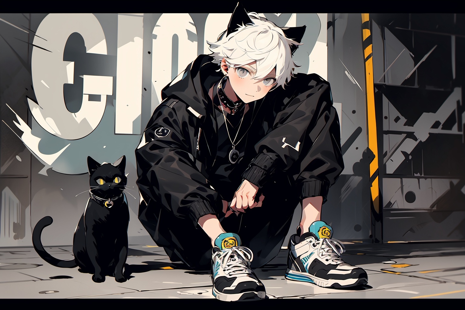 HTTP,1boy, cat, animal ears, white hair, male focus, sitting, black footwear, jacket, black cat, pants, shoes, jewelry, looking at viewer, necklace, short hair, animal, solo, grey eyes, collar, sneakers, black pants, black shirt, long sleeves<lora:HTTP_20231206170112-000012:1>