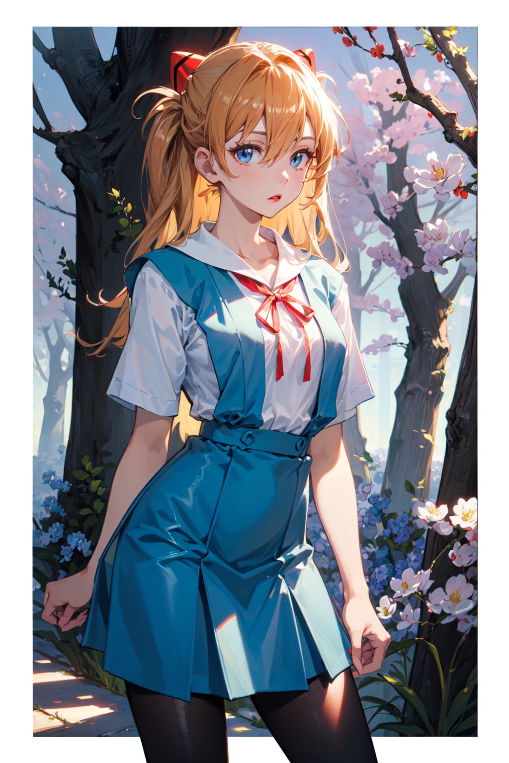 <lora:Asuka-000018:0.8>,Asuka CYQL,1girl,looking at viewer,solo,long hair,blue eyes,interface headset,brown hair,orange hair,hair between eyes,two side up,medium breasts,(Asuka School,tokyo-3 middle school uniform,shirt,skirt,white shirt,blue skirt,ribbon,neck ribbon,red ribbon,short sleeves,suspender skirt,hair ornament),(yandere:1.2),beautiful face,beautiful eyes,glossy skin,shiny skin,(cowboy_shot,from_side,leaning forward:1.2),thumbs up,Bluebells, Misty forest, Ethereal atmosphere, Bluebell haze, Enchanted woodland, Morning mist,cherry_blossoms,beautiful detailed sky,beautiful detailed glow,(English text:1.3),(border:1.5),posing in front of a colorful and dynamic background,(masterpiece, best quality, beautiful and aesthetic:1.3),contrapposto,female focus,fine fabric emphasis,wallpaper,fashion,Lipstick,depth of field,intricate_detail,finely_detailed,fine_fabric_emphasis,(glossy),<lora:增强减少细节add_detail:0.3>,
