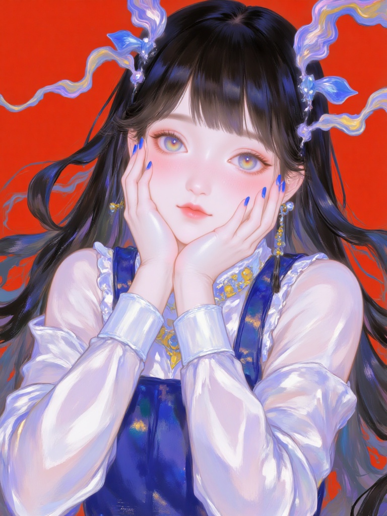 bai,original, long hair, bangs, 1girl, blunt bangs, looking at viewer, black hair, blue nails, sfw, blue eyes, solo, hands on own face, hands up, eyebrows visible through hair, hands on own cheeks, long sleeves, long fingernails, blue dress, fingernails, dress, upper body, red background, blue dress, simple background, very long hair, parted lips 