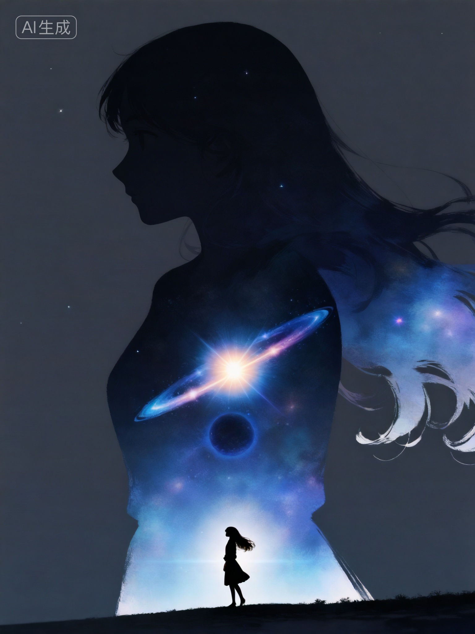silhouette and double exposures,universe sky,masterpiece,best quality,8K,ultra-high resolution,silhouette double exposures,, silhouette of a long hair girl's side profile,, silhouette made of celestial bodies stars galaxy ((star \(sky\),)),dark background,simple background,, Negative prompt: ng_deepnegative_v1_75t,(badhandv4:1.2),EasyNegative,(worst quality),,nsfw, Steps: 30, Sampler: Euler a, CFG scale: 7.0, Seed: 3044013281, Size: 768x1024, Model hash: 735cf3fefc, Model: Illustrious XL V1.0_V1.0.safetensors, Denoising strength: 0.4, RNG: CPU, Lora 1: AS Unusual 异常集, Lora Hash 1: 2a7bd47d16, Lora Weight 1: 0.8, Lora 2: 剪影多重曝光, Lora Hash 2: 7286cfad18, Lora Weight 2: 0.6, vae_name: automatic, Hires resize: 1536x2048, Hires steps: 30, Hires upscaler: 8x-NMKD-Superscale