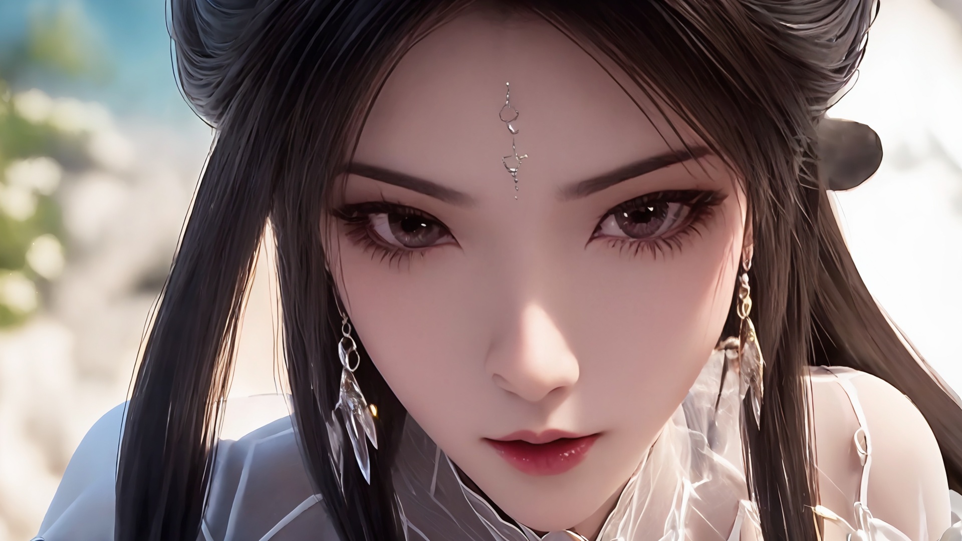 1girl,hair ornament,long hair,forehead mark,solo,black hair,facial mark,upper body,index finger raised,dress,looking at viewer,jewelry,white dress,hair bun,blurry background,<lora:girl solo luxueqi_20240911015355:0.8>,