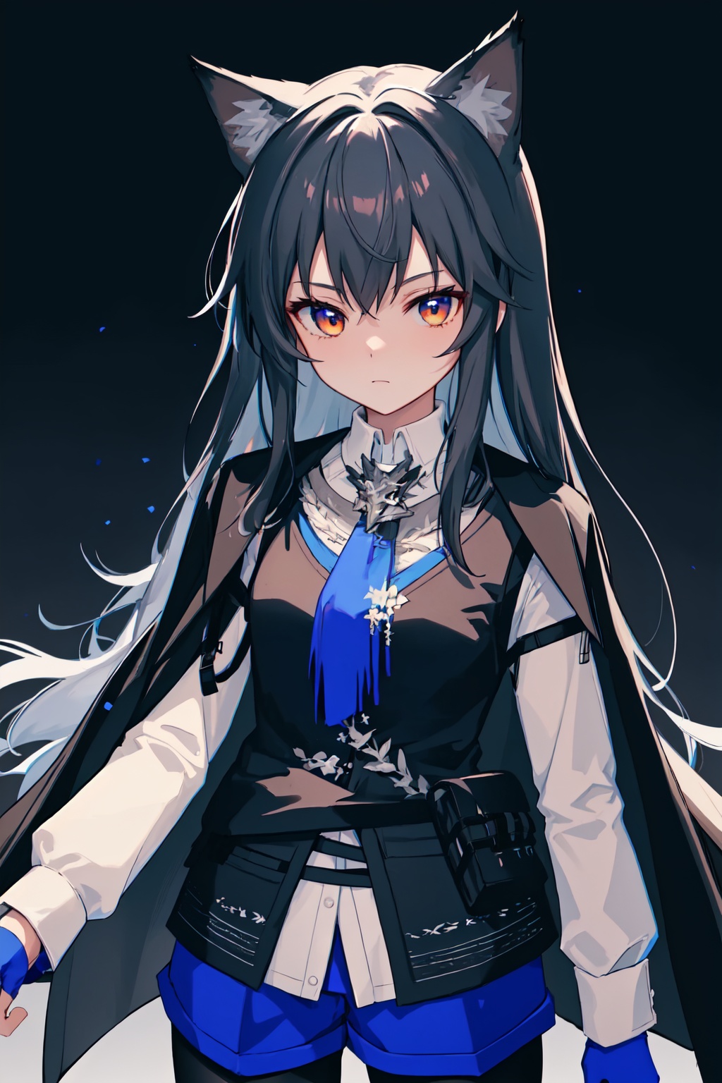 texas_the_omertosa_(arknights),1girl,solo,black_vest,white_shirt,long_sleeves,black_pantyhose,fingerless_gloves,blue_gloves,pantyhose_under_shorts,blue_necktie,blue_shorts,looking_at_viewer,collared_shirt,wolf_girl,animal_ear_fluff,closed_mouth<lora:texas_the_omertosa_(arknights):1>,simple background,white backgroundmasterpiece,best quality, highly detailed, 
