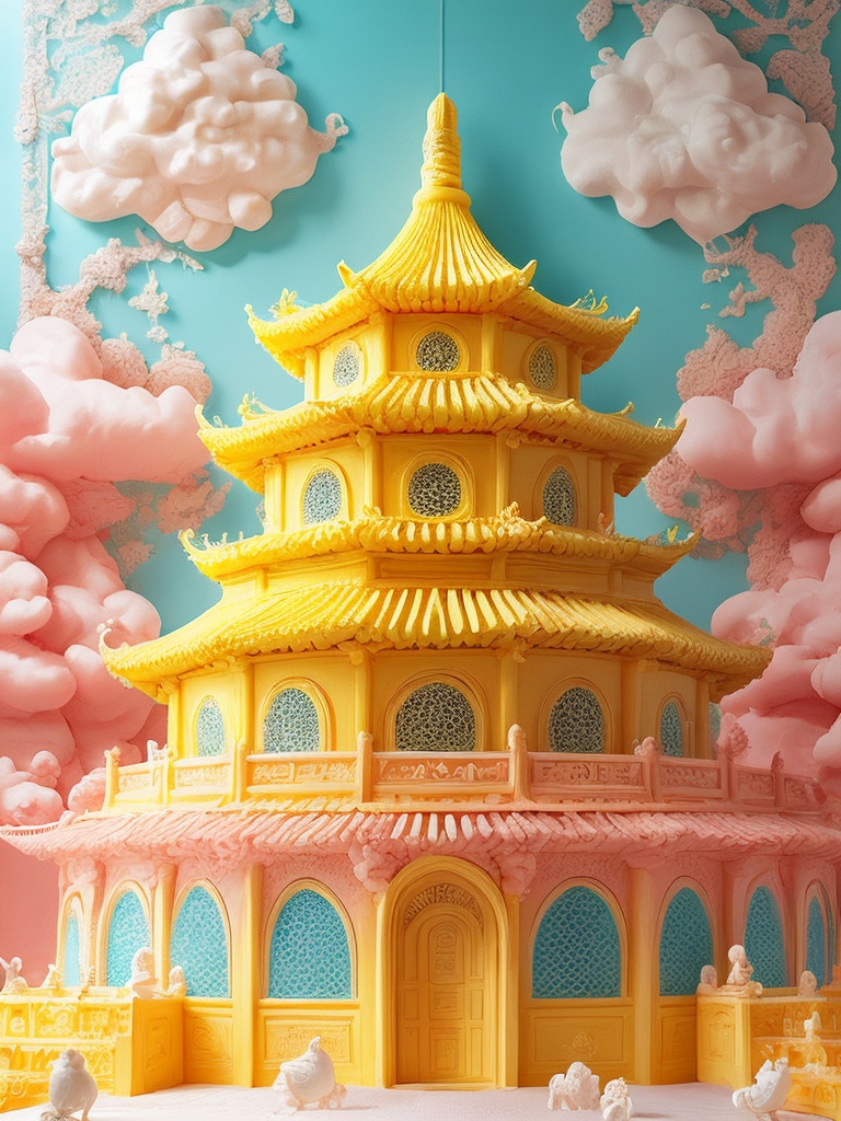 mibjl, ice cream, colourful, 3d, digital art, pop-up style, colorful, ornate architecture, pagoda, traditional chinese design, yellow and pink hues, intricate patterns, blue sky, fluffy clouds, birds flying, detailed textures, whimsical, fantasy, cultural elements, ornamental buildings, decorative, vibrant colors, layered structure, playful design<lora:万物冰激凌sd1.5_D1.3:0.7>,