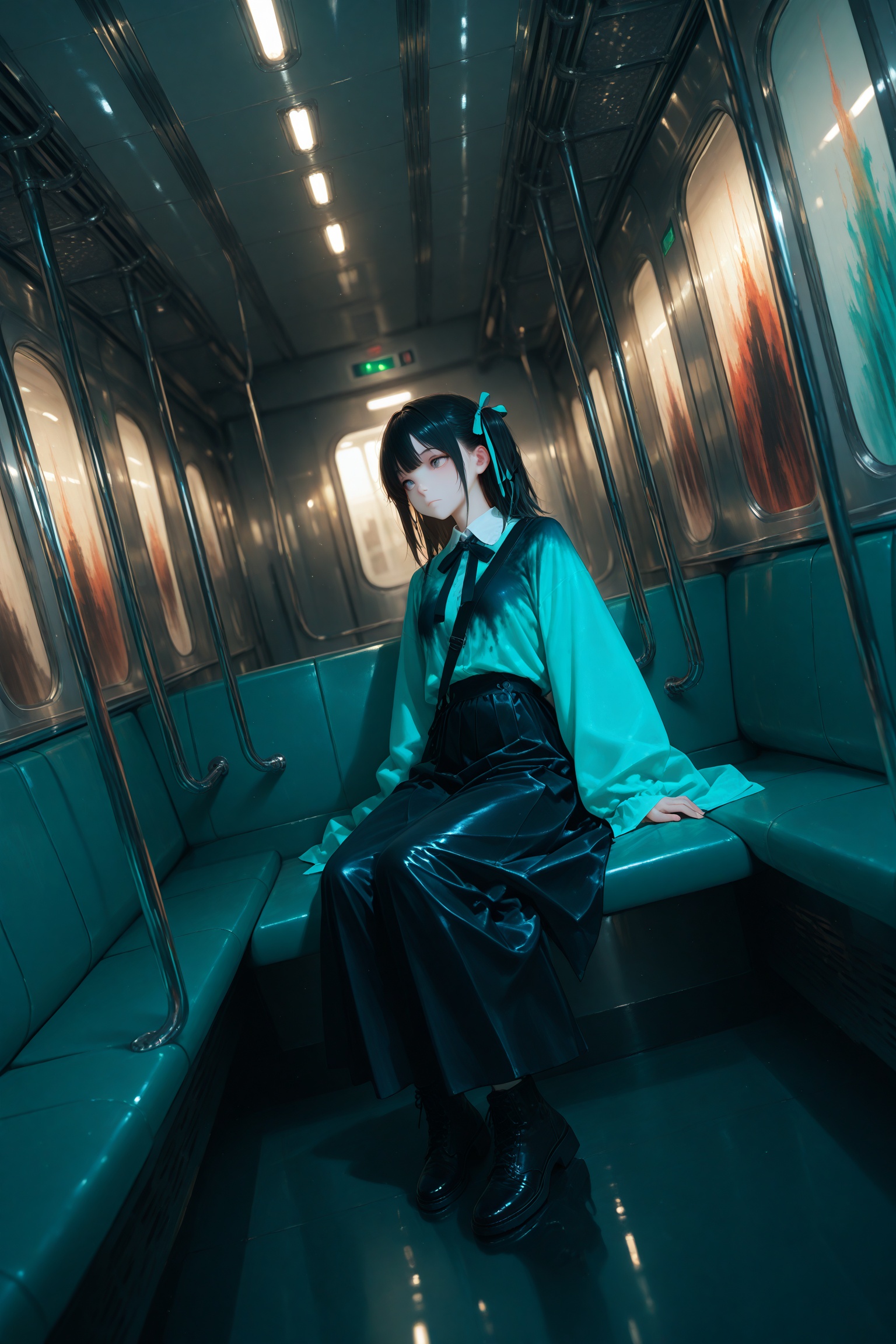 masterpiece,best quality,amazing quality,very aesthetic,absurdres,newest,extreme aesthetic,in the style of fashion photography,light particles,cinematic lighting,Visual impact,sharp focus,Emotionalization,depth of field,dutch angle,scenery,vibrant metallic colors,(Matte_Painting:1.8),detailed face,1 female,expressionless,black hair,hair ribbon,Subway,sitting,aqua seats,metallic pipes,reflective wall,