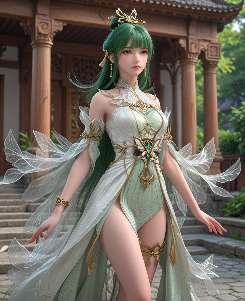 (oriental architecture, elegant decor, sophisticated style:1.1),practicing archery,(breasts:1.2),<lora:XL完美世界天人族姐妹花P2:0.9>,younger sister,white dress,bare shoulders,green hair,hair ornament,anklet,bangs,hair bun,, zPDXL2, score_9, score_8_up, score_7_up BREAK realistic, masterpiece,best quality, highly detailed,, zPDXL3, zPDXL2,zPDXL, zPDXLxxx, zPDXLrl,