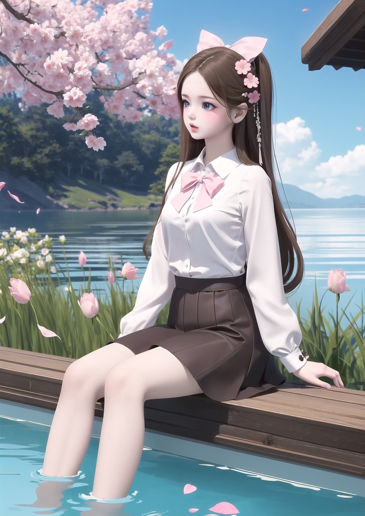 masterpiece,best quality,1girl,solo,soaking feet,long hair,blue eyes,hair bow,bow,sitting,water,pink bow,brown hair,skirt,blush,petals,day,sky,brown skirt,shirt,hair ornament,very long hair,cloud,looking to the side,outdoors,blue sky,white shirt,:o,