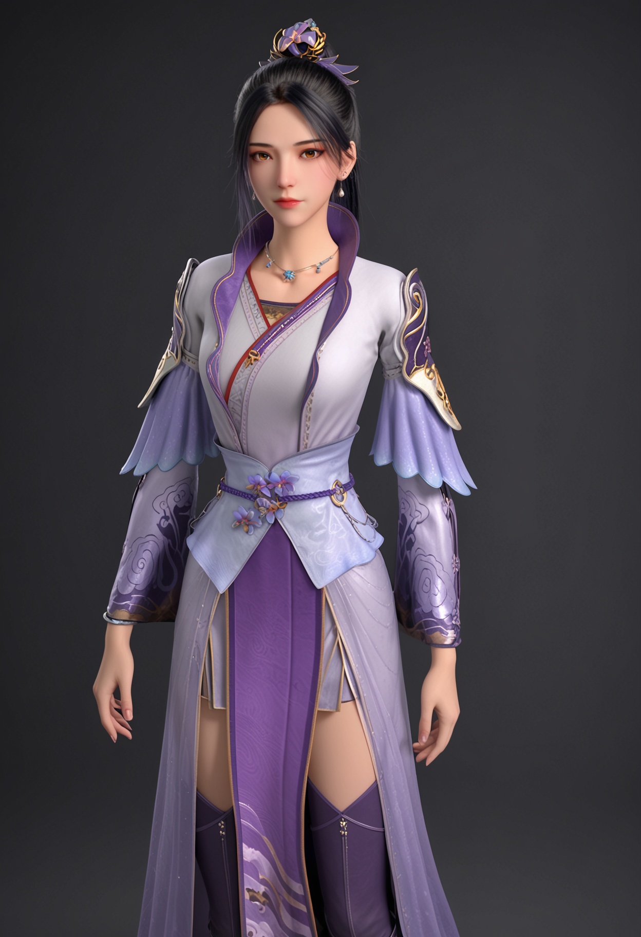 (full_body:1.1),(looking at viewer:1.1),facing viewer,direct gaze,<lora:YQ_pony_nangongxier_V5:0.8>,1girl,q1528437228,solo,black hair,jewelry,long hair,necklace,earrings,ponytail,hair ornament,dress,brown eyes,long sleeves,thighhighs,hair bun,boots,chinese clothes,sash,looking to the side,single hair bun,BREAK simple background,pure black background,black background,perfect anatomy,