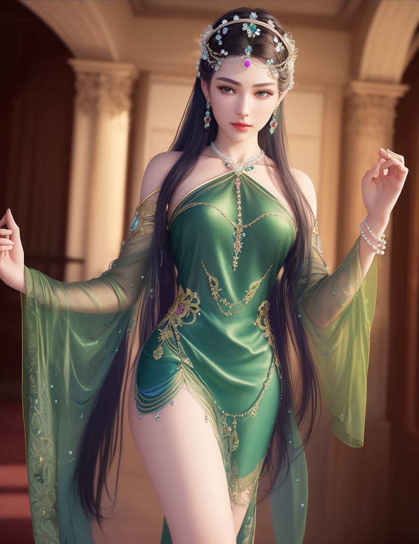 ultra realistic 8k cg, picture-perfect face, flawless, clean, masterpiece, professional artwork, famous artwork, cinematic lighting, cinematic bloom, perfect face, beautiful face, fantasy, dreamlike, unreal, science fiction,  beautiful clothes, lace, lace trim, lace-trimmed legwear,  (rich:1.4), prestige, luxury, jewelry, diamond, gold, pearl, gem, sapphire, ruby, emerald, intricate detail, delicate pattern, charming, alluring, seductive, erotic, enchanting, hair ornament, necklace, earrings, bracelet, armlet,halo((,1girl, pov,))(((,  1girl,  solo,looking at viewer, ))),(((1girl, solo, dress, jewelry)))<lora:DA_WhiteSnakeGreenSnake:0.7>