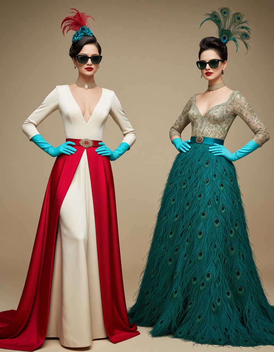 Peacock ,  This is a digital illustration depicting two full-body views of a stylish woman,  showcasing two different eleg...