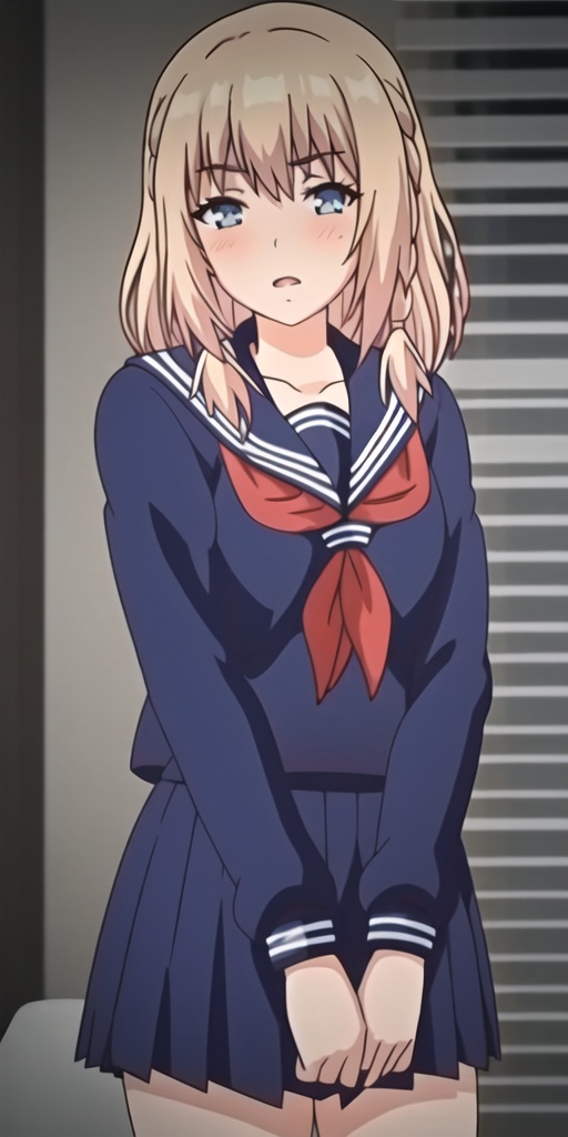 1girl,solo,perfect face,look at viewer,standing,shoes,bangs,braid,eyebrows visible through hair,parted lips,blush,blonde hair blue eyes,blue serafuku,blue pleated skirt,long sleeves,pleated skirt,red neckerchief,school uniform,masterpiece,best quality,highly detailed,