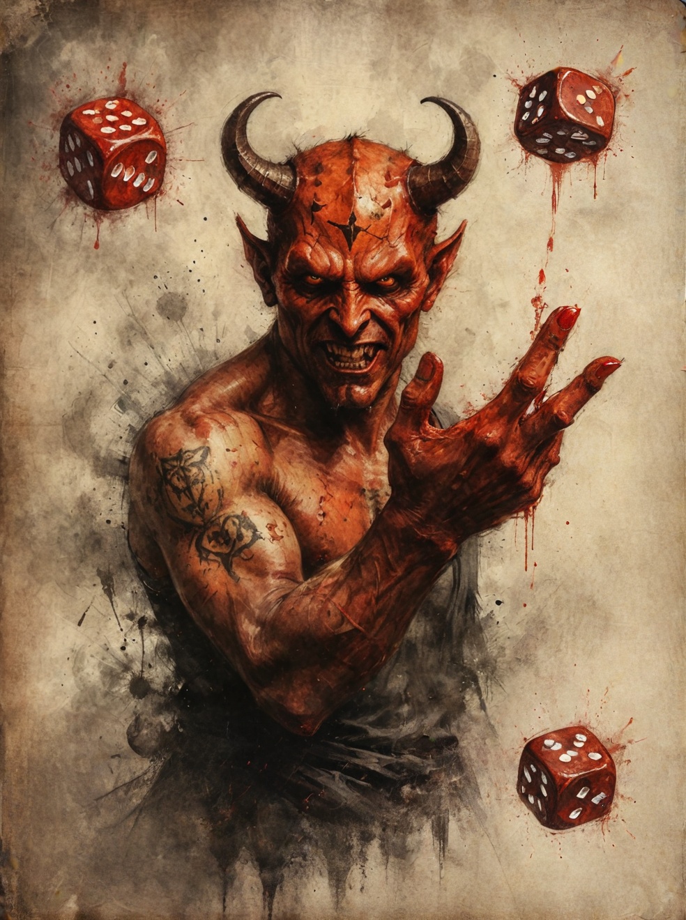 Fighting game style Grunge style Watercolor painting the devil holds out dice to the viewer,  dice in his palm,  . Vibrant...
