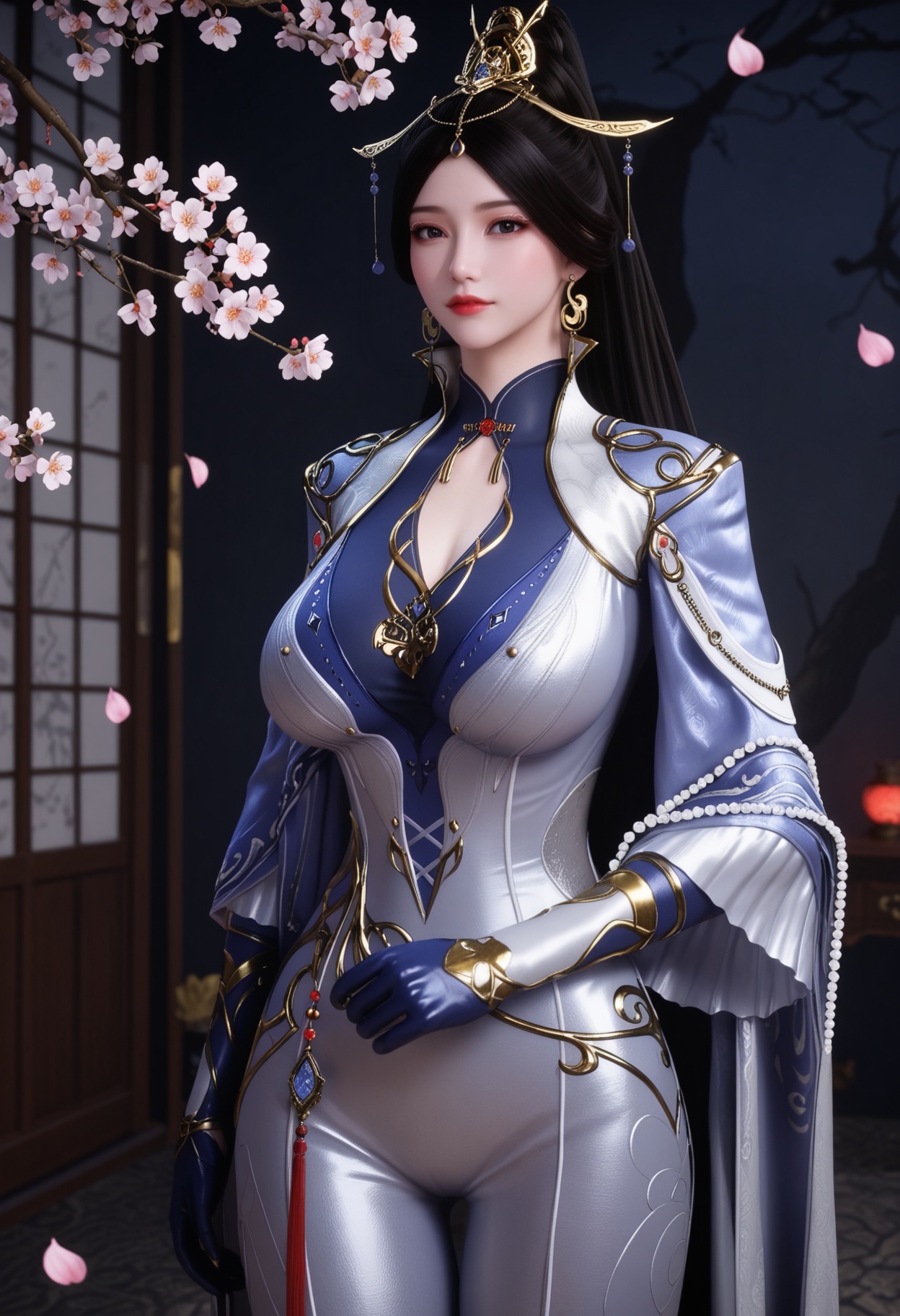 (cowboy shot:1.2),(gigantic breasts:0.6),Perky boobs,(looking at viewer:1.1),facing viewer,direct gaze,(masterpiece:1.1),(best quality:1.2),(intricate details),(smog:1.3),(Dark room:1.3),(dim lighting:1.3),peach blossom,falling petals,<lora:YQ_Illustrious光辉v5_秋清儿_V1:0.8>,1girl,q1528437228,solo,black hair,jewelry,earrings,long hair,hair ornament,ponytail,dress,gloves,chinese clothes,bodysuit,black eyes,cape,high heels,pantyhose,masterpiece,(best quality),(intricate details:0.9) BREAK (intricate details:0.9),(realistic skin:1.2),masterpiece,best quality,newest,absurdres,hiahres,