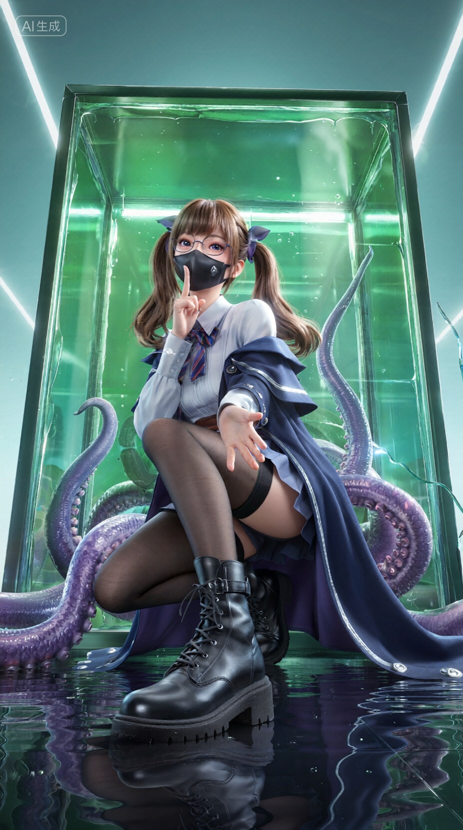 商业3D海报,一位戴着眼镜的亚洲魔法少女,蹲在一个充满绿色水的发光玻璃盒子中,她身穿结合了学院制服与深蓝色魔法长袍的服装,袍边饰有银色,穿着黑色短靴和黑色丝袜,她扎着可爱的双马尾,左手食指竖在戴着的黑色口罩前,做出安静的手势,低角度仰视构图突出了前景的鞋子,从背后的盒子里伸出许多紫色的巨大触手缠绕着她的腿和手,水面清晰地反射出人物和环境,整体氛围清冷空灵,由场景中的发光灯带提供柔和均匀的全局光照,商业3D海报,magical_girl,产品渲染,低角度构图,二次元3D渲染,全局光照,超现实场景,反光水面,, Negative prompt: ng_deepnegative_v1_75t,(badhandv4:1.2),EasyNegative,(worst quality:2),,nsfw, Steps: 40, Sampler: Euler, CFG scale: 1.0, Seed: 2158073721, Size: 928x1664, Model hash: 98763a1277, Model: Qwen-Image_1.0.safetensors, Denoising strength: 0, RNG: CPU, Lora 1: 【摸鱼】3D, Lora Hash 1: 2106c5bf96, Lora Weight 1: 0.8, Lora 2: 【摸鱼】创意电商场景_电商产品场景, Lora Hash 2: 8df046f041, Lora Weight 2: 0.4, Lora 3: Qwen-Image-Lightning-8steps-V1.1-bf16.safetensors, Lora Hash 3: fe04c3ec1d, Lora Weight 3: 0.6, vae_name: automatic