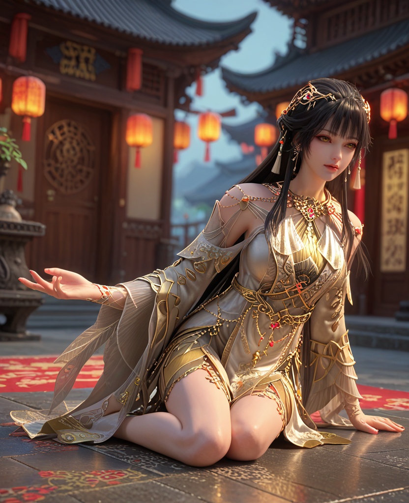 (oriental architecture, elegant decor, sophisticated style:1.1),(Kneeling with one hand on the ground, looking like a noble warrior,:1.1),(breasts:1.2),<lora:XL百炼成神神国圣女白月蓉:0.95>,miss baiyuerong,black hair,jewelry,long hair,hair ornament,earrings,dress,yellow eyes,bangs,parted lips,eyelashes,teeth,, zPDXL2, score_9, score_8_up, score_7_up BREAK realistic, masterpiece,best quality, highly detailed,, zPDXL3, zPDXL2,zPDXL, zPDXLxxx, zPDXLrl,
