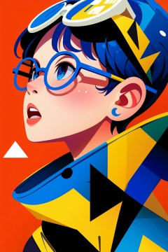 blue hair,blue eyes,goggles,male focus,glasses,1boy,short hair,earrings,jewelry,orange background,upper body,open mouth,bangs,blue-framed eyewear,goggles on head,triangle,parted lips,Memphis,masterpiece,best,<lora:孟菲斯_Memphis:0.8>,