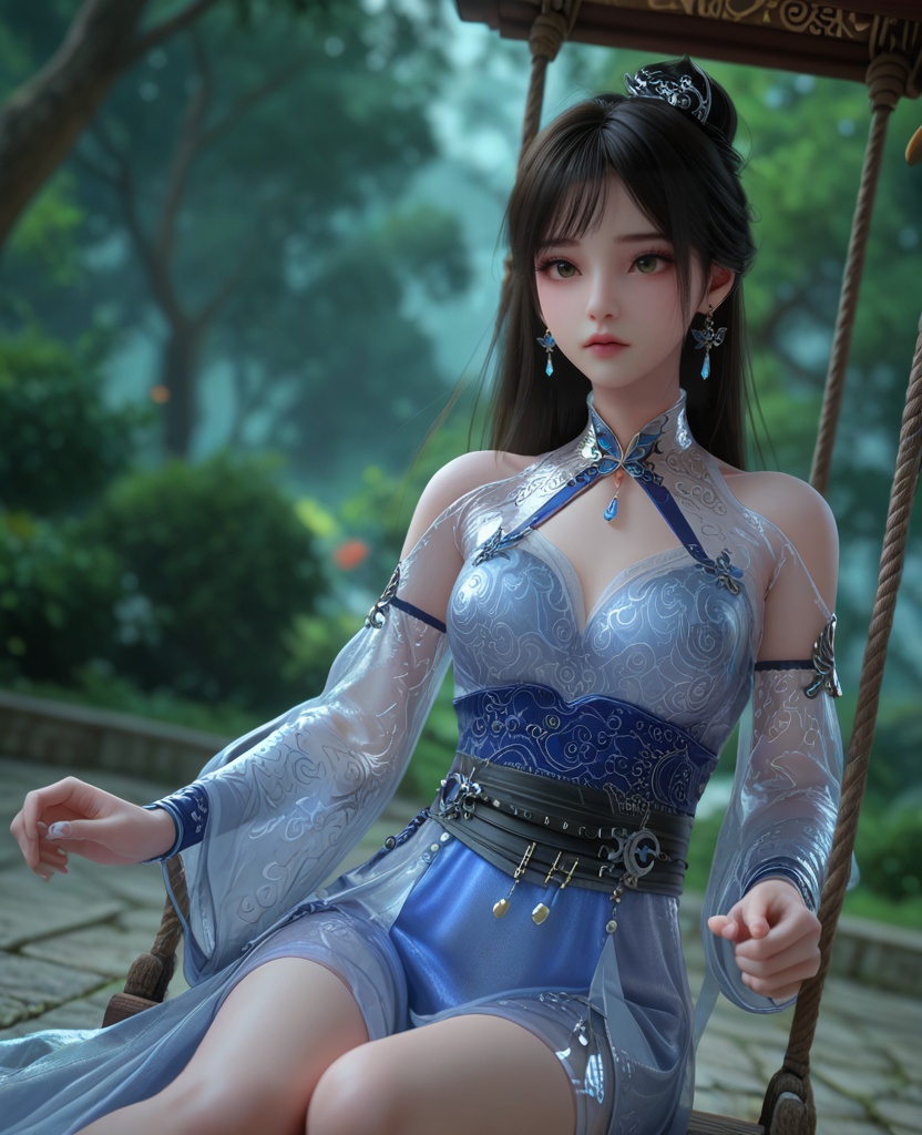 (oriental architecture, elegant decor, sophisticated style:1.1),(yoga swing:1.1),(breasts:1.2),<lora:XL百炼成神紫极阴体小玉:0.95>,miss xiaoyu,black hair,dress,long hair,jewelry,earrings,bare shoulders,hair ornament,hair bun,blue dress,clothing cutout,sash,, zPDXL2, score_9, score_8_up, score_7_up BREAK realistic, masterpiece,best quality, highly detailed,, zPDXL3, zPDXL2,zPDXL, zPDXLxxx, zPDXLrl,