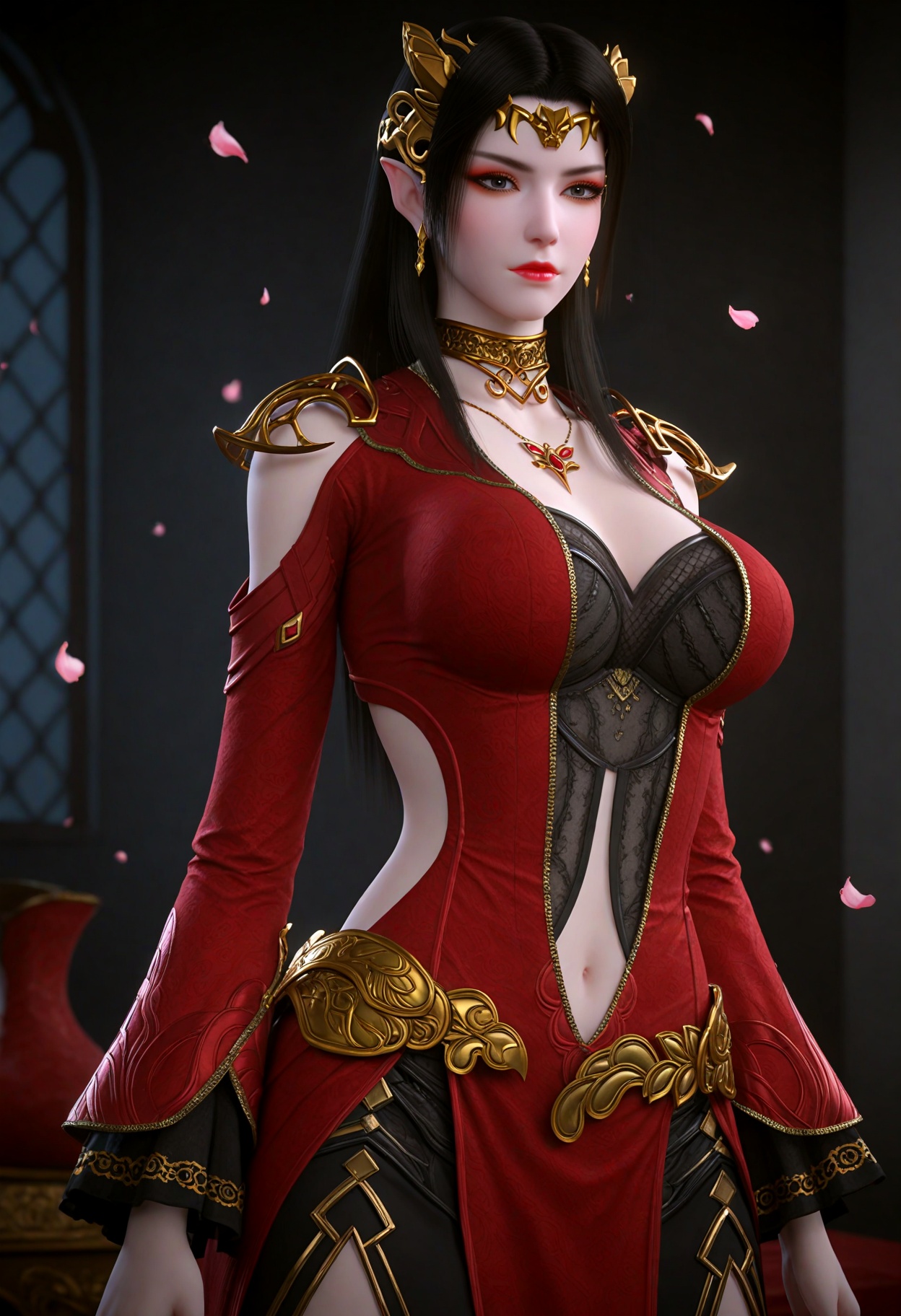 (cowboy shot:1.2),(gigantic breasts:0.6),(slender:1.3),(looking_at_viewer:1.1),(masterpiece:1.1),(best quality:1.2),(intricate details),dim lighting,(smog:1.3),(Dark room:1.3),(dim lighting:1.3),peach blossom,falling petals,<lora:YQ_Illustrious光辉v5_美杜莎_V9:0.8>,q1528437228,solo,1girl,long_hair,black_hair,jewelry,pointy_ears,earrings,necklace,hair_ornament,dress,red_dress,navel,brown_hair,choker,realistic,cleavage,tiara,long_sleeves,clothing_cutout,armor,grey_eyes,black_eyes,skirt,shoulder_armor,eyeshadow,masterpiece,(best quality),(intricate details:0.9) BREAK masterpiece,(best quality),(intricate details:0.9),(realistic skin:1.2),