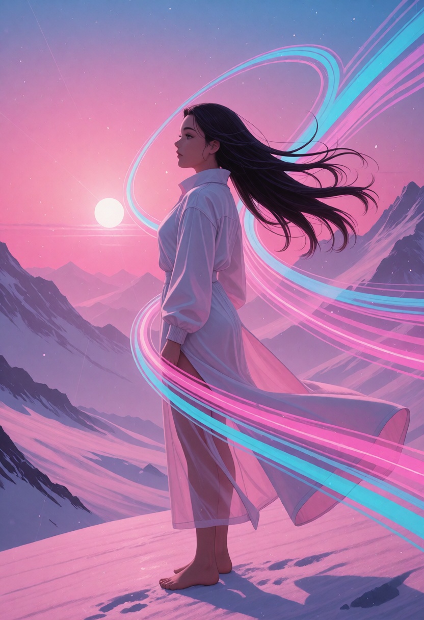 synthworld,  vaporwave,  A cinematic surreal portrait of an ***** woman in her late 20s standing on a windswept pastel mou...