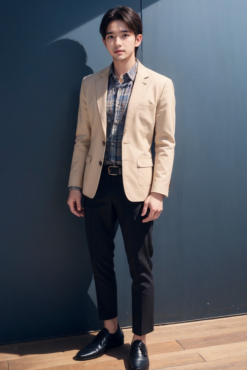 (1man:1.5),(male:1.5),(full body:1.2),(Collared shirt and blazer:1.4),<lora:AsianMan_3:0.8>,