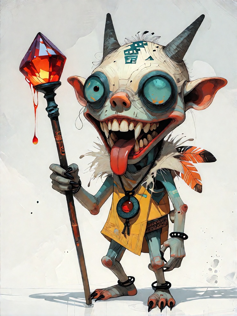 Bradhamel art style. A stylized,  anthropomorphic tribal mask character with elongated pointed ears,  large circular eye s...