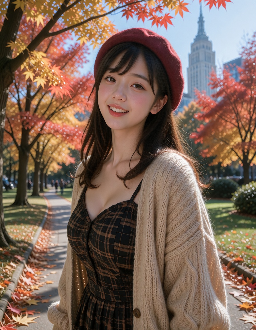 A woman with brown long hair and dark brown eyes.,  She is wearing a black checkered dress,  a beige cardigan on Tensor.Art