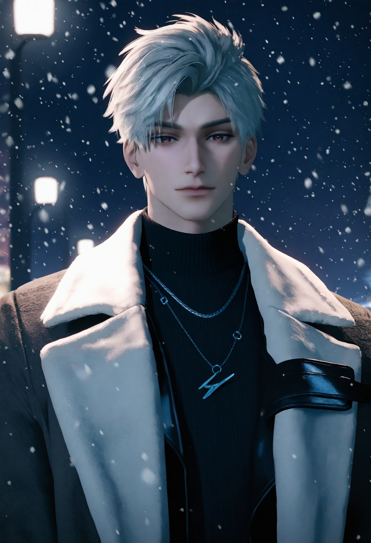 <lora:qinche:0.9>,qinchesylus,1boy,male focus,solo,red eyes,snowing,jewelry,necklace,looking at viewer,grey hair,night,short hair,sweater,upper body,coat,turtleneck,black sweater,closed mouth,snow,realistic,white hair,jacket,black jacket,night sky,turtleneck sweater,open clothes,outdoors,leather,white theme,, masterpiece, best quality, good quality, newest