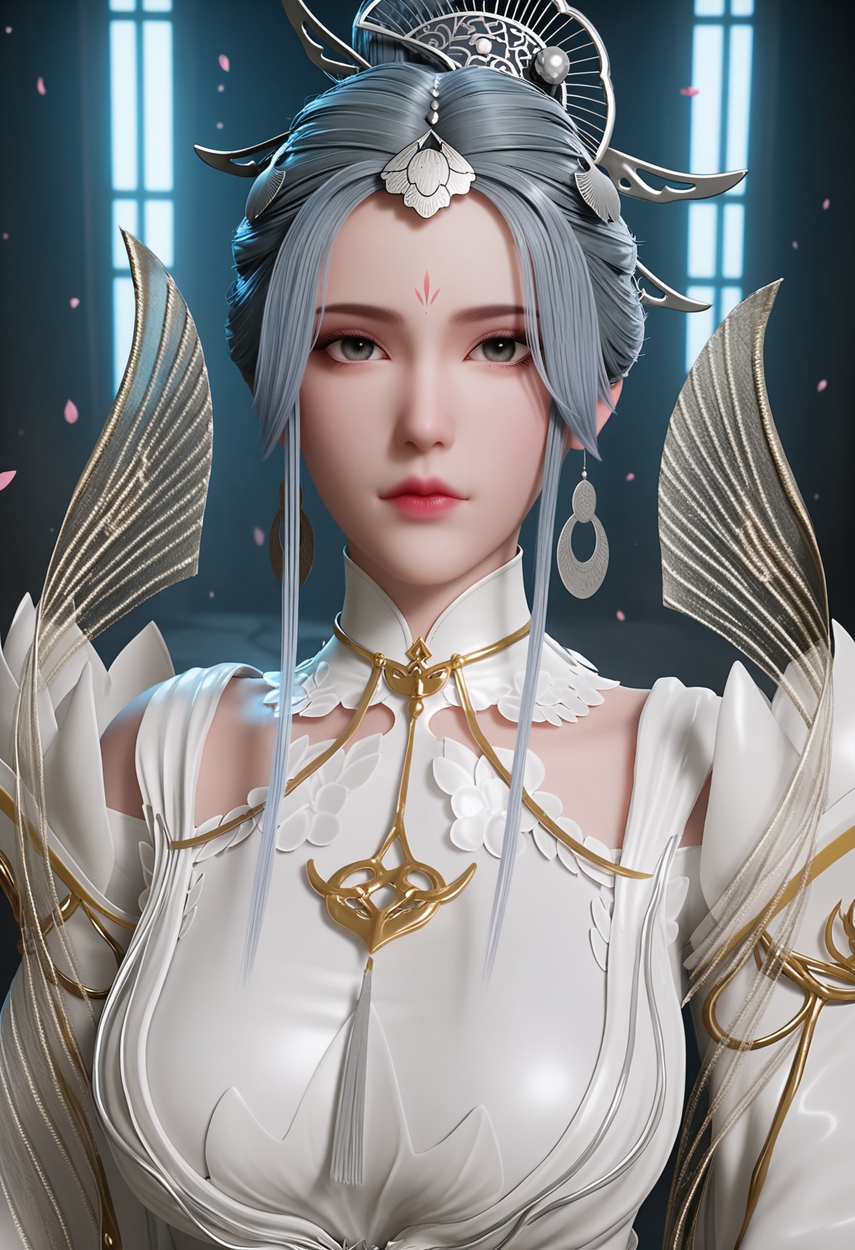 (upper_body:1.2),(gigantic breasts:0.7),(looking at viewer:1.1),facing viewer,direct gaze,(masterpiece:1.1),(best quality:1.2),(intricate details),(smog:1.3),(Dark room:1.3),(dim lighting:1.3),peach blossom,falling petals,<lora:YQ_Illustrious光辉v5_洛水仙_V1:0.8>,q1528437228,1girl,solo,hair ornament,jewelry,dress,forehead mark,grey hair,earrings,hair bun,grey eyes,long hair,single hair bun,hair rings,short hair,high heels,masterpiece,(best quality),(intricate details:0.9) BREAK (intricate details:0.9),(realistic skin:1.2),masterpiece,best quality,newest,absurdres,hiahres,