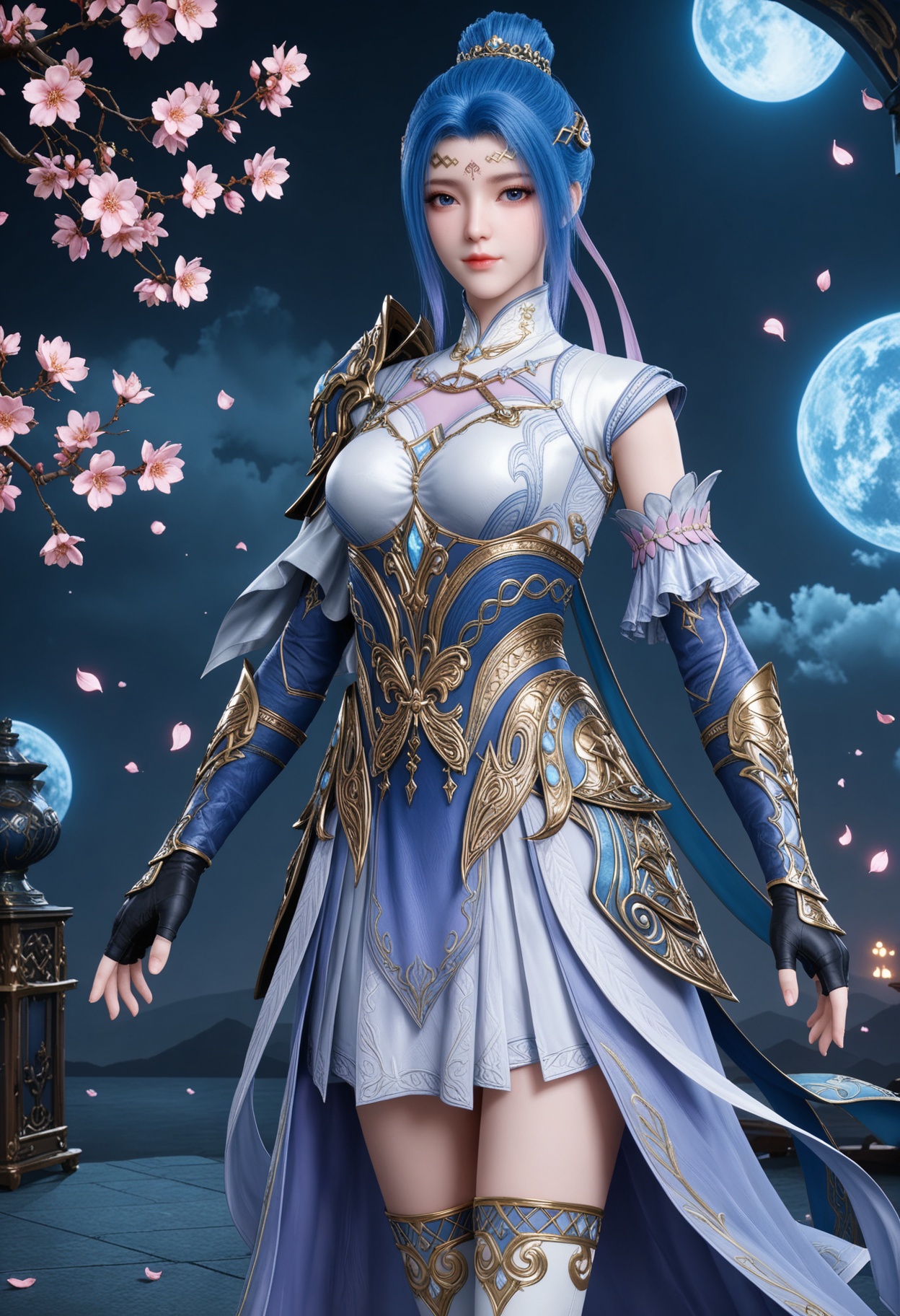 (cowboy shot:1.2),(looking at viewer:1.1),masterpiece,(best quality),smog,Dark room,dim lighting,peach blossom,falling petals,<lora:YQ_Illustrious光辉v5_唐舞桐_服装4_V1:0.8>,q1528437228,1girl,solo,blue hair,dress,blue eyes,hair bun,hair ornament,armor,gloves,single hair bun,forehead mark,white dress,fingerless gloves,boots,thighhighs,shoulder armor,high heels,short hair,long hair,blue dress,high heel boots,black gloves,detached sleeves,knee boots,multicolored hair,pauldrons,jewelry,skirt,white thighhighs,