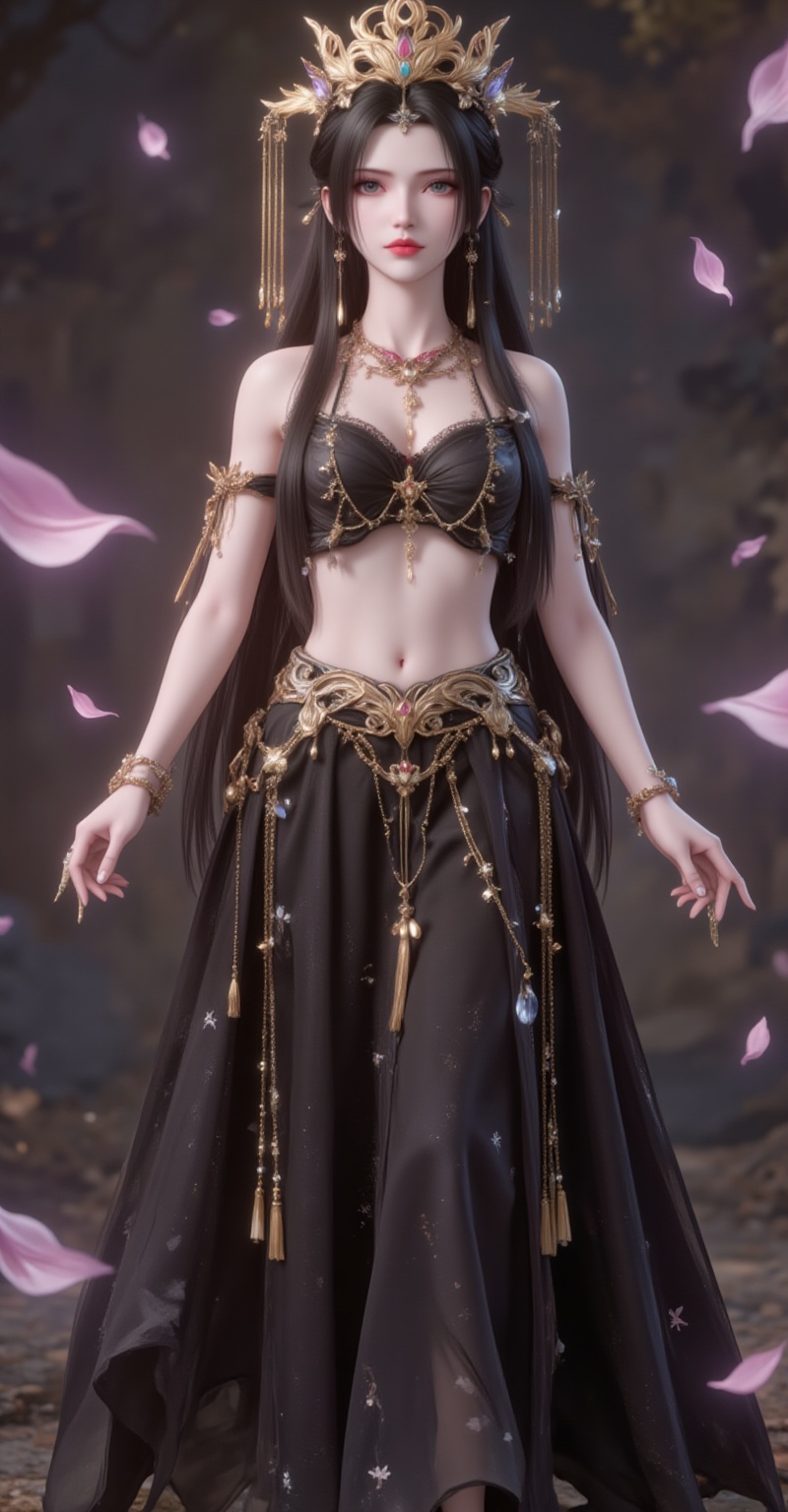 <lora:李慕婉·衣服百搭款6:1.1>,limuwan,black hair,long hair,grey eyes,jewelry,earrings,crown,phoenix_crown,cover,gradient background,close-up details,outstanding style,adding a touch of dimension to your images without compromising details,close-up,<lora:DJ滤镜_2.5D版:0.3>,lvjing,<lora:油画唯美滤镜15:0.2>,baoshi,<lora:蝴蝶汉服·人物百搭款6:1.1>,fuzhuang,1girl,solo,jewelry,bracelet,navel,skirt,midriff,necklace,long skirt,earrings,black skirt,standing,full body,armlet,