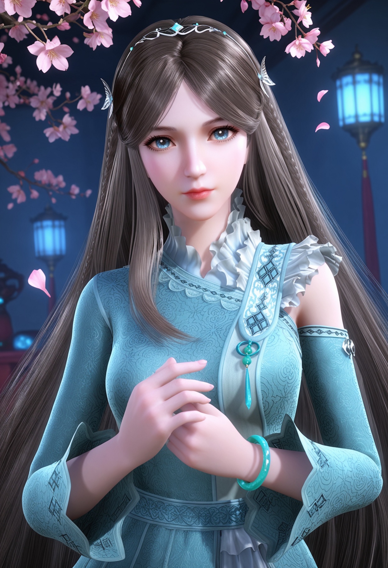 (upper_body:1.2),(looking at viewer:1.1),masterpiece,(best quality),smog,Dark room,dim lighting,peach blossom,falling petals,<lora:YQ_Illustrious光辉v5_宁荣荣_V1:0.8>,q1528437228,1girl,solo,long hair,brown hair,hair ornament,dress,blue eyes,blue dress,braid,tiara,detached sleeves,long sleeves,black hair,jewelry,bracelet,butterfly hair ornament,very long hair,green dress,skirt,brown eyes,shoes,necklace,blonde hair,hairband,asymmetrical sleeves,gem,chinese clothes,pantyhose,gloves,grey hair,thighhighs,shorts,sleeveless,socks,