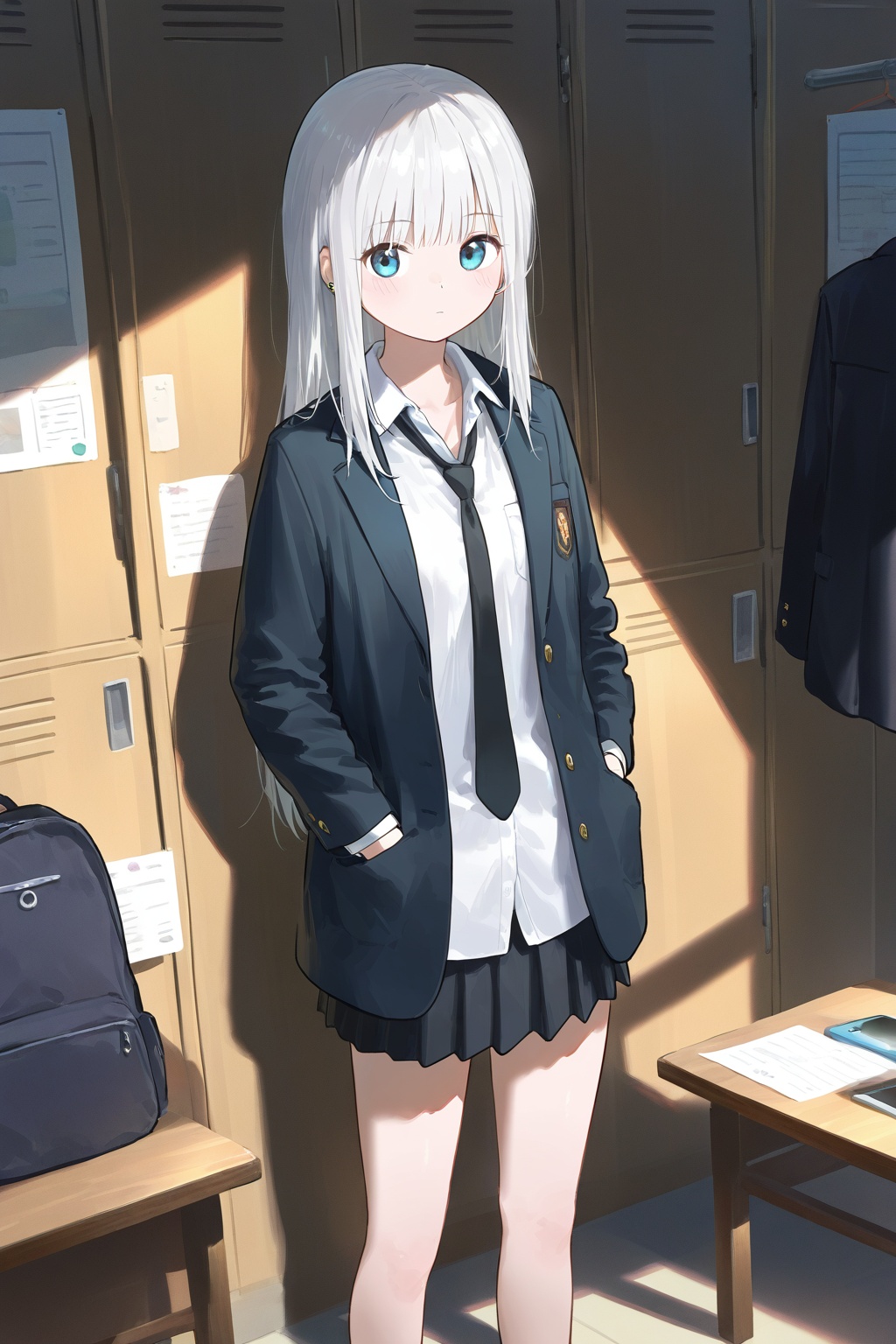 1girl, locker, solo, necktie, hands in pockets, black necktie, skirt, shirt, white shirt, long hair, jacket, photo (object), collared shirt, black skirt, looking at viewer, blue eyes, pleated skirt, locker room, shadow, black jacket, closed mouth, open clothes, bag, standing, feet out of frame, white hair, backpack, loose necktie, sunlight, open jacket, paper, miniskirt, earrings, pocket, shade, long sleeves, jewelry, bulletin board