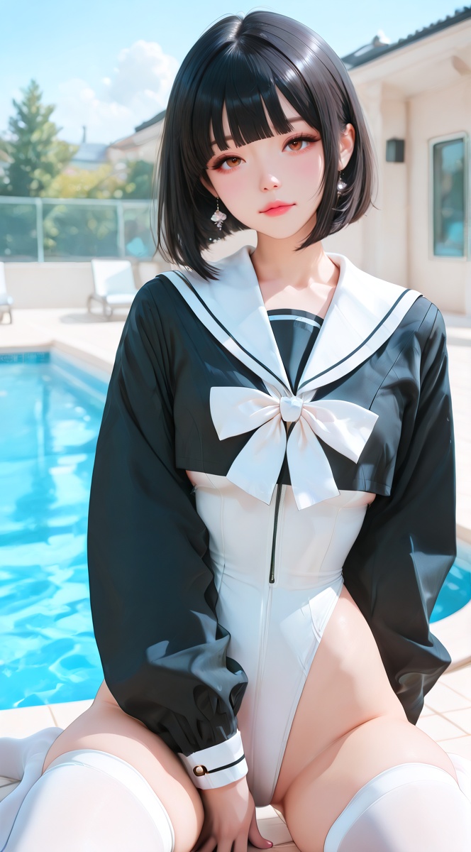 xg1,  white high-cut front-zip leotard with extreme leg cut,  black long-sleeve sailor cropped jacket featuring white sail...