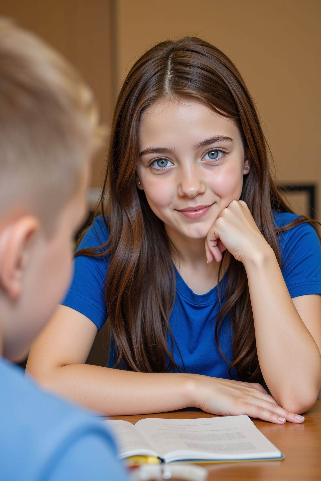 A young girl with long brown hair and blue eyes is sitting at a table. She is wearing a blue shirt and has her hand on her chin. A boy with blonde hair is sitting in front of her. There is a book and a drink on the table.