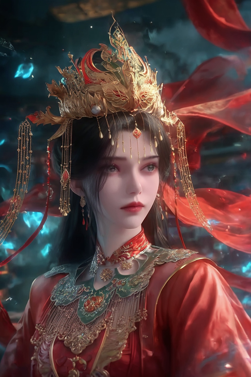 <lora:pony李慕婉婚服:0.7>,((cf)),1girl,solo,(black hair:1.4),(hair ornament:1.4),upper body,(Red dress:1.4),dress,score_9,score_8_up,score_7_up,XUER gufeng,<lora:绪儿古风XUER gufeng:0.45>,