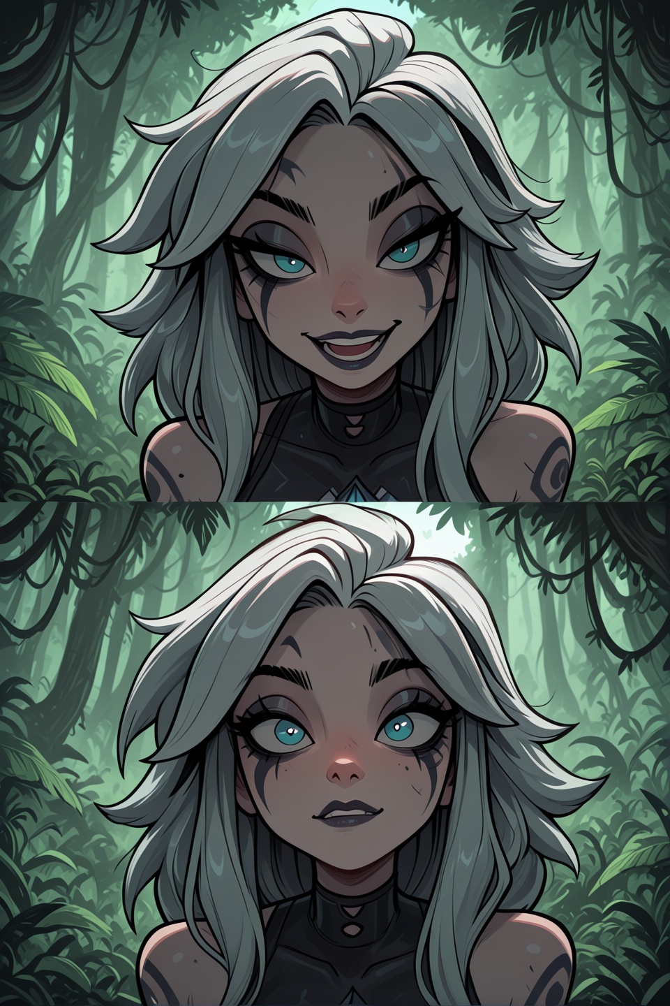 gothcartoonStyle,  In the heart of a lush jungle,  a woman in sleek white hair shines down on her face on Tensor.Art