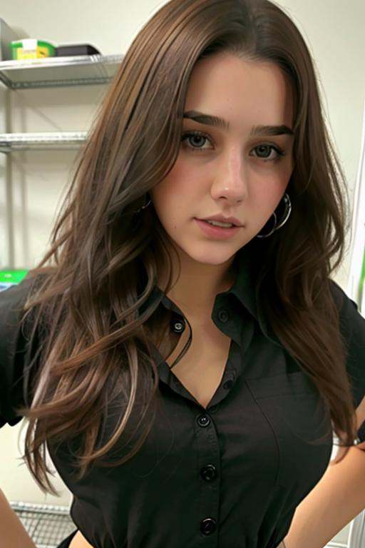 close up of a stunning young woman working at a convenience store,  ,  wearing a black button up shirt on Tensor.Art