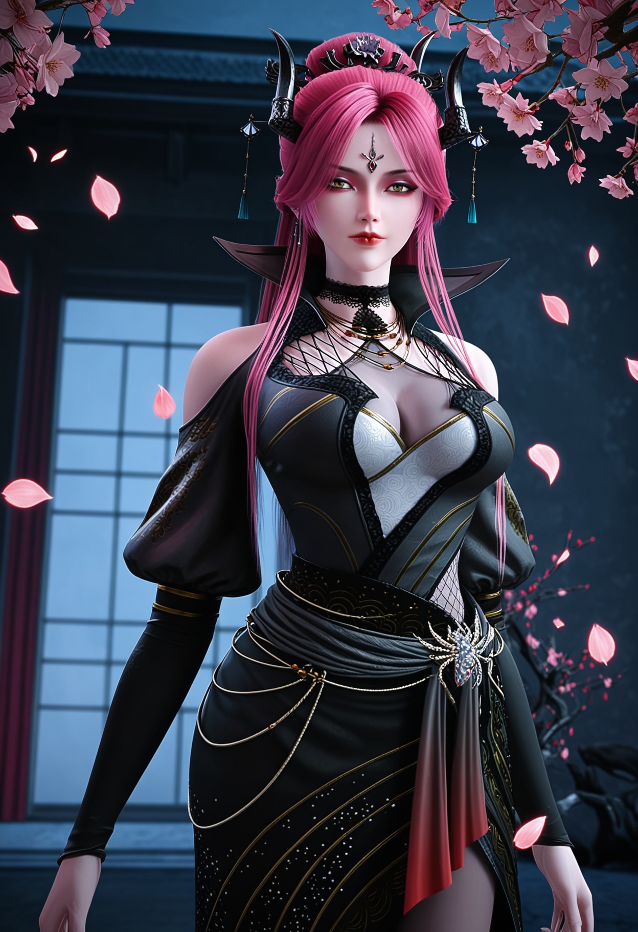 (cowboy shot:1.2),looking at viewer:1.1,masterpiece,(best quality),(mutated_hands:-1.2),(bad hands:-1.2),smog,Dark room,dim lighting,peach blossom,falling petals,<lora:YQ_Illustrious光辉v5_曼罗_V1:0.9>,q1528437228,1girl,solo,long hair,pink hair,jewelry,horns,hair ornament,earrings,choker,dress,makeup,necklace,red lips,red hair,purple hair,black dress,forehead mark,black high heels,yellow eyes,high collar,black choker,brown eyes,pantyhose,hair bun,black pantyhose,hair over one eye,long sleeves,puffy sleeves,eyeshadow,