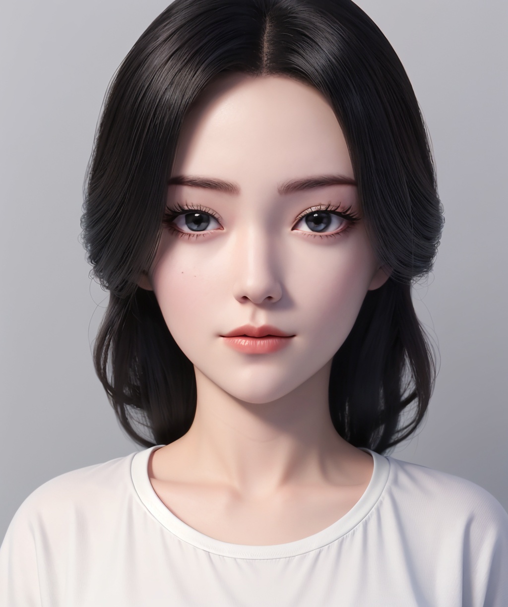 <lora:liushen:0.85>,portrait,(looking at viewer),1girl,solo,wavy_black_hair,white t-shirt,grey_ background,