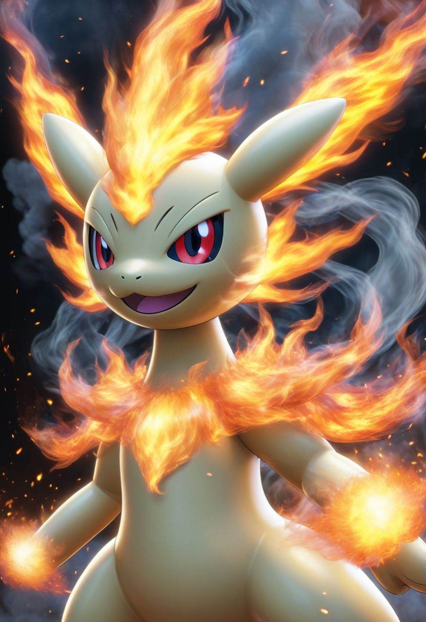 Pokemon (dream), single, no human, open mouth, standing, fire, whole body, red eyes, smoke, smile