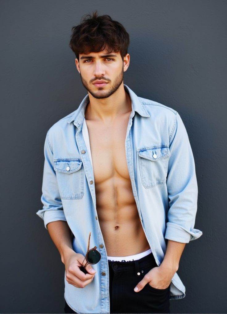 aaron owen ,  stands confidently in front of a dark gray wall. He wears a light denim shirt,  unbuttoned at the top on Ten...