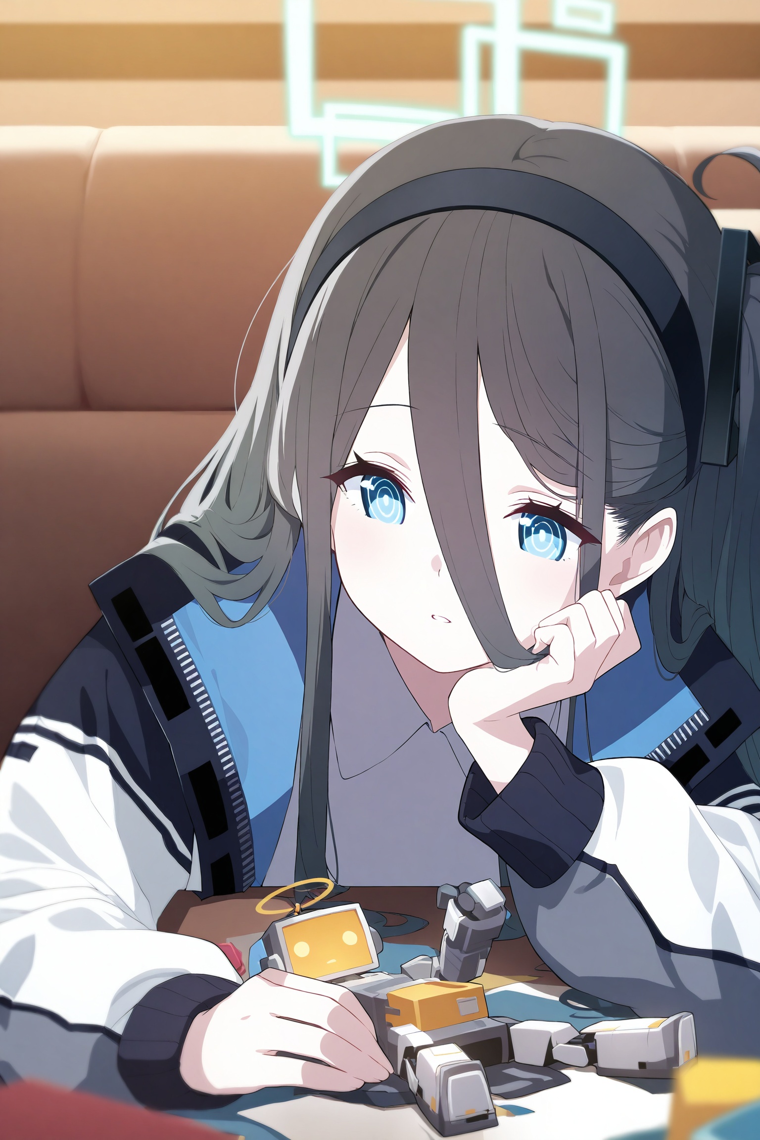 masterpiece,best quality,high quality,aris_\(blue_archive\), 1girl, halo, blue_eyes, black_hair, long_hair, hair_between_eyes, long_sleeves, hairband, robot, black_hairband, head_rest, jacket, bright_pupils, solo, white_pupils, long_bangs, parted_lips, portrait, ringed_eyes, white_jacket, toy, one_side_up, blurry, school_uniform, indoors//,<lora:BA——【noob】hans:1>,
