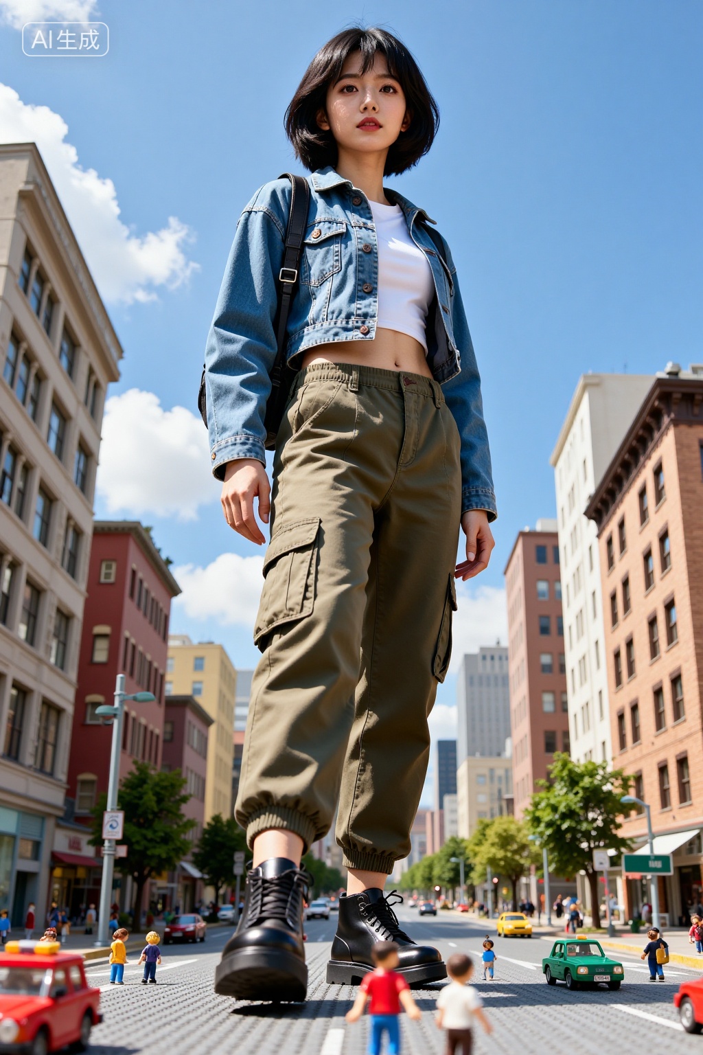 Photograph of a petite Asian woman with short black hair,wearing a denim jacket,white crop top,and olive cargo pants,towering over a city street scene. She stands on a toy cityscape,surrounded by miniature buildings and people.,, Negative prompt: ng_deepnegative_v1_75t,(badhandv4:1.2),EasyNegative,(worst quality:2),,nsfw, Steps: 20, Sampler: DPM++ 2M, CFG scale: 3.5, Seed: 2312631401, Size: 1024x1536, Model hash: 8cba4f1ef4, Model: F.1基础算法模型-哩布在线可运行_F.1-dev-fp8.safetensors, Denoising strength: 0, RNG: CPU, Lora 1: 20250924-1758728956383-0005, Lora Hash 1: ad89eec96e, Lora Weight 1: 0.8, vae_name: automatic